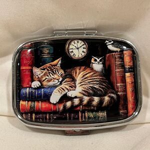 Sleeping Cat on Books Pill Travel Pill Box 2 Compartment Medicine Pill Case NEW